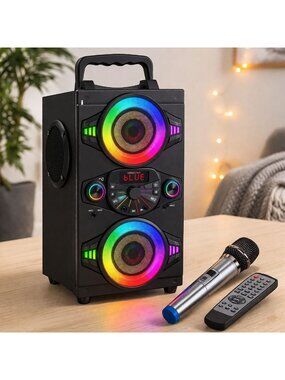 60W Portable Bluetooth Speaker with Deep Bass, LED Lights and Karaoke Microphone